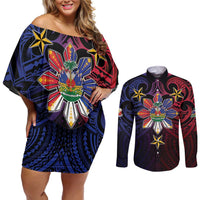 Haiti Philippines Couples Matching Off Shoulder Short Dress and Long Sleeve Button Shirt Haitian Coat Of Arms With Filipino Sun LT05 Black - Polynesian Pride