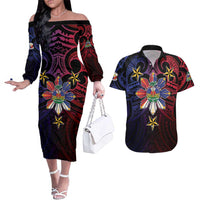 Haiti Philippines Couples Matching Off The Shoulder Long Sleeve Dress and Hawaiian Shirt Haitian Coat Of Arms With Filipino Sun LT05 Black - Polynesian Pride