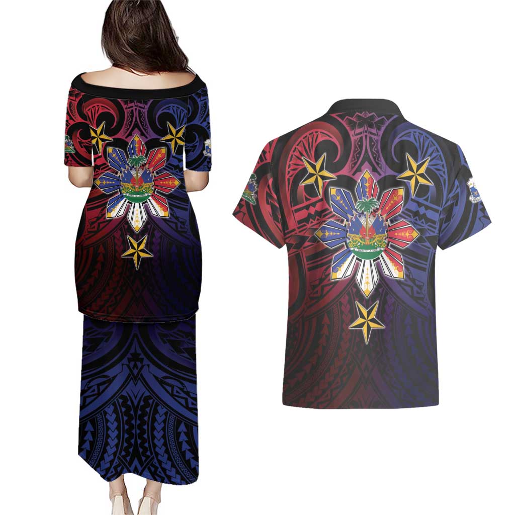 Haiti Philippines Couples Matching Puletasi and Hawaiian Shirt Haitian Coat Of Arms With Filipino Sun LT05 - Polynesian Pride