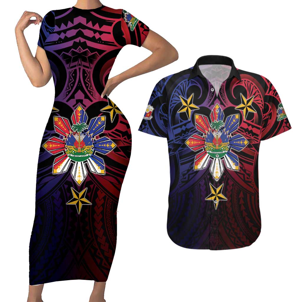 Haiti Philippines Couples Matching Short Sleeve Bodycon Dress and Hawaiian Shirt Haitian Coat Of Arms With Filipino Sun LT05 Black - Polynesian Pride