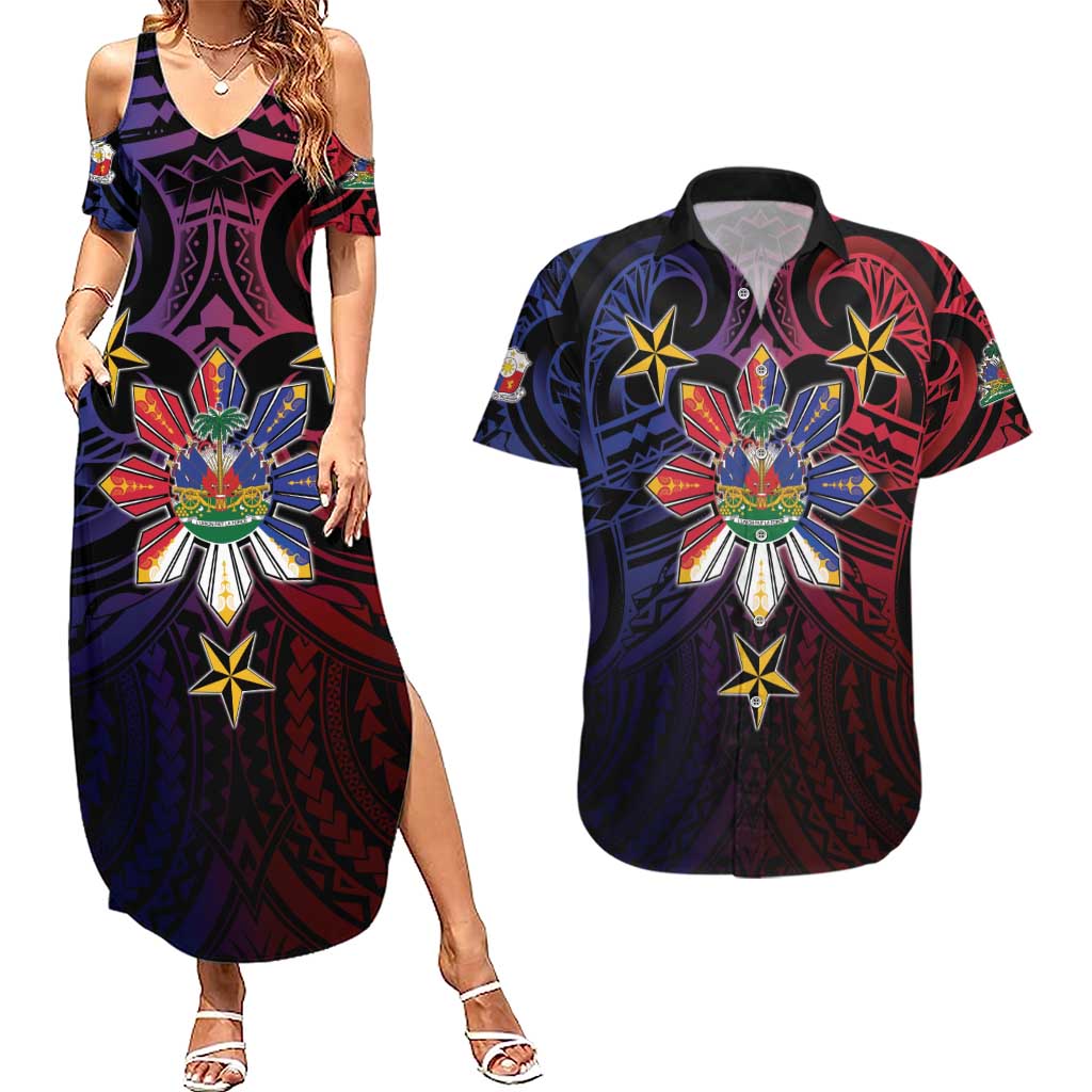 Haiti Philippines Couples Matching Summer Maxi Dress and Hawaiian Shirt Haitian Coat Of Arms With Filipino Sun