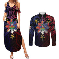 Haiti Philippines Couples Matching Summer Maxi Dress and Long Sleeve Button Shirt Haitian Coat Of Arms With Filipino Sun LT05 Black - Polynesian Pride