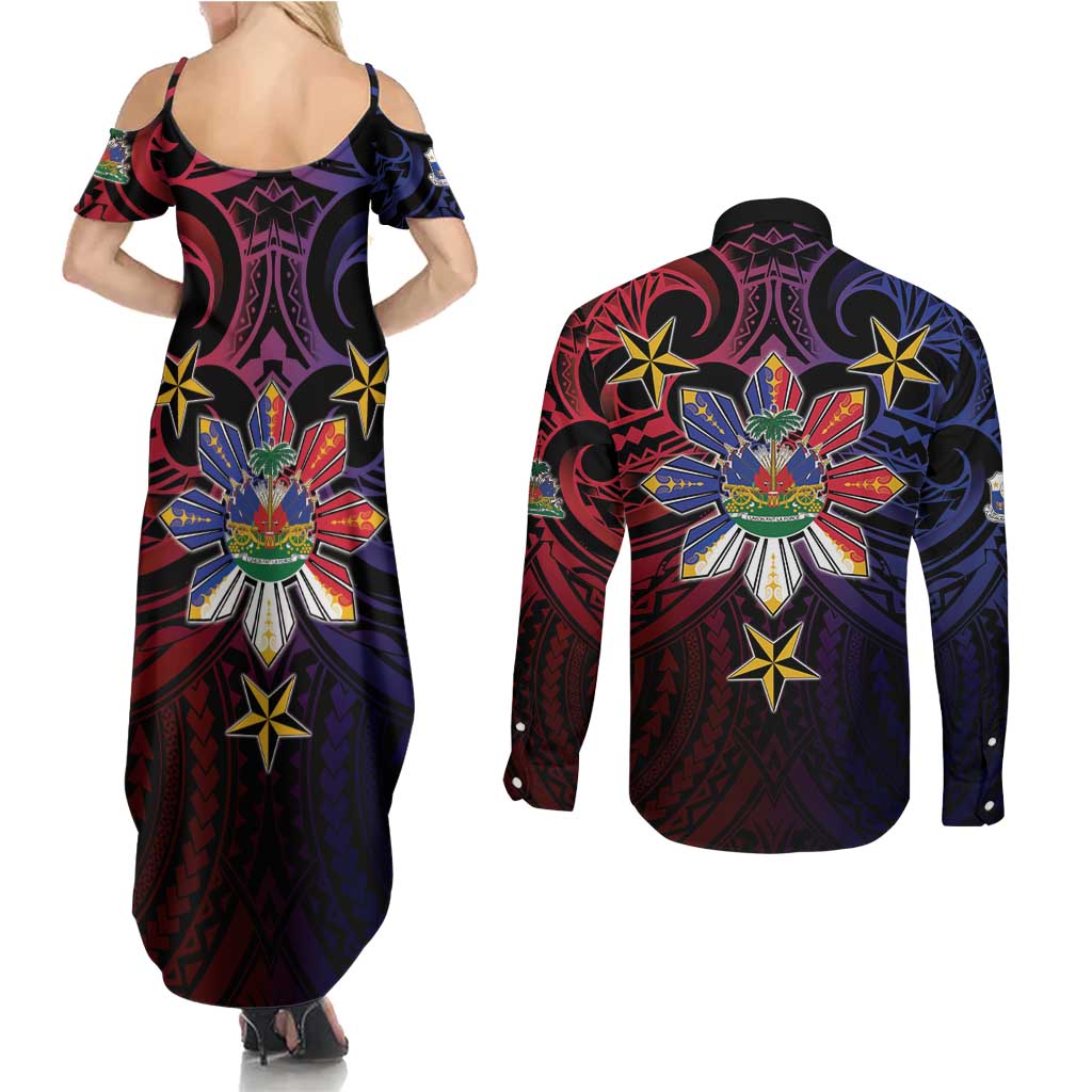 Haiti Philippines Couples Matching Summer Maxi Dress and Long Sleeve Button Shirt Haitian Coat Of Arms With Filipino Sun LT05 - Polynesian Pride