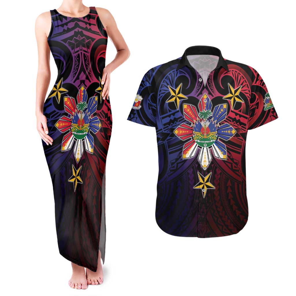 Haiti Philippines Couples Matching Tank Maxi Dress and Hawaiian Shirt Haitian Coat Of Arms With Filipino Sun