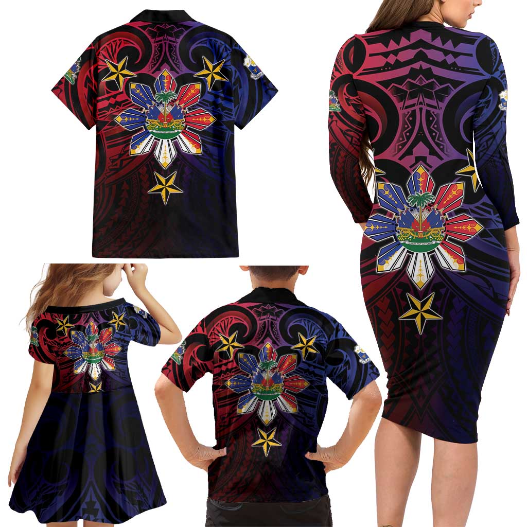 Haiti Philippines Family Matching Long Sleeve Bodycon Dress and Hawaiian Shirt Haitian Coat Of Arms With Filipino Sun LT05 - Polynesian Pride