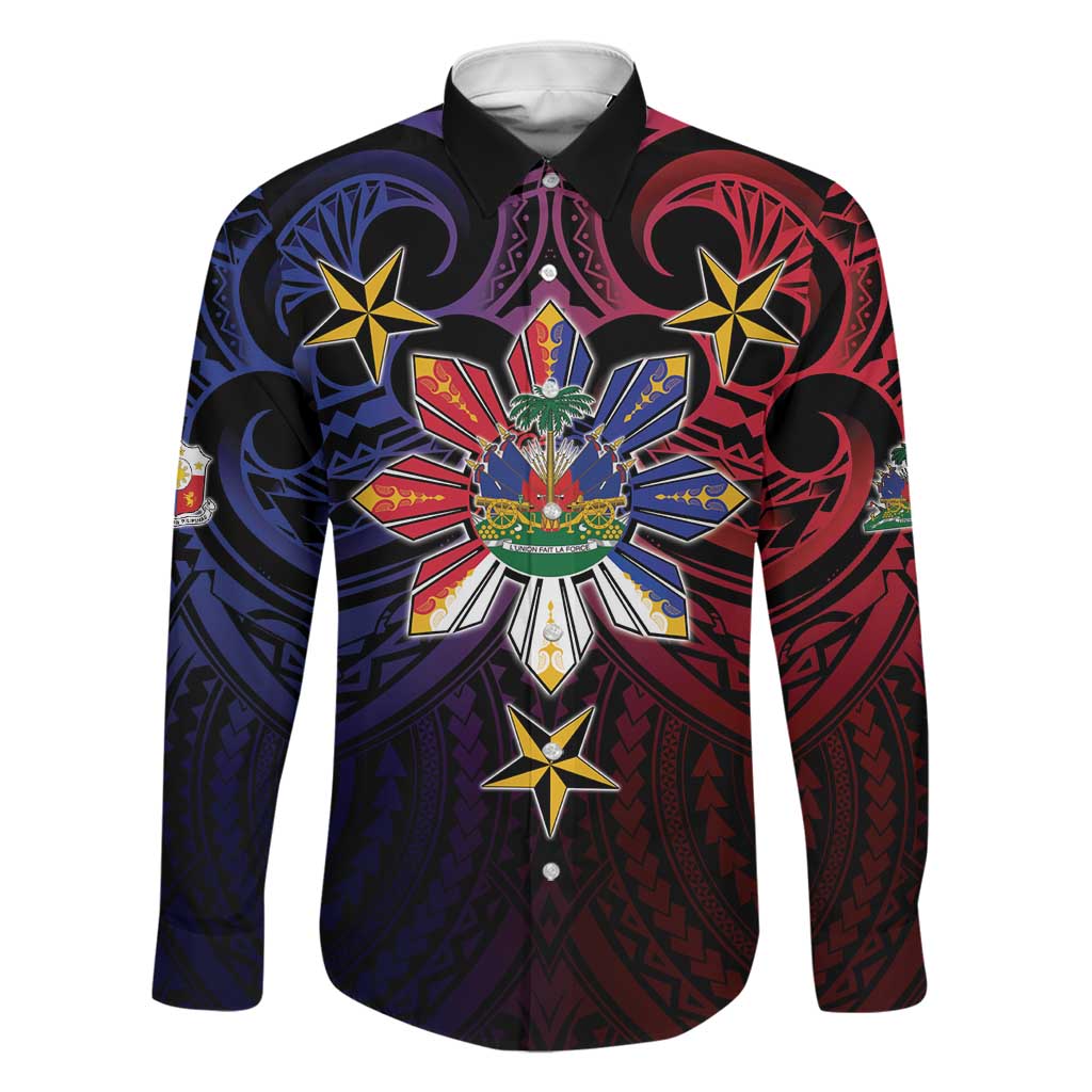 Haiti Philippines Family Matching Mermaid Dress and Hawaiian Shirt Haitian Coat Of Arms With Filipino Sun LT05 Dad's Shirt - Long Sleeve Black - Polynesian Pride