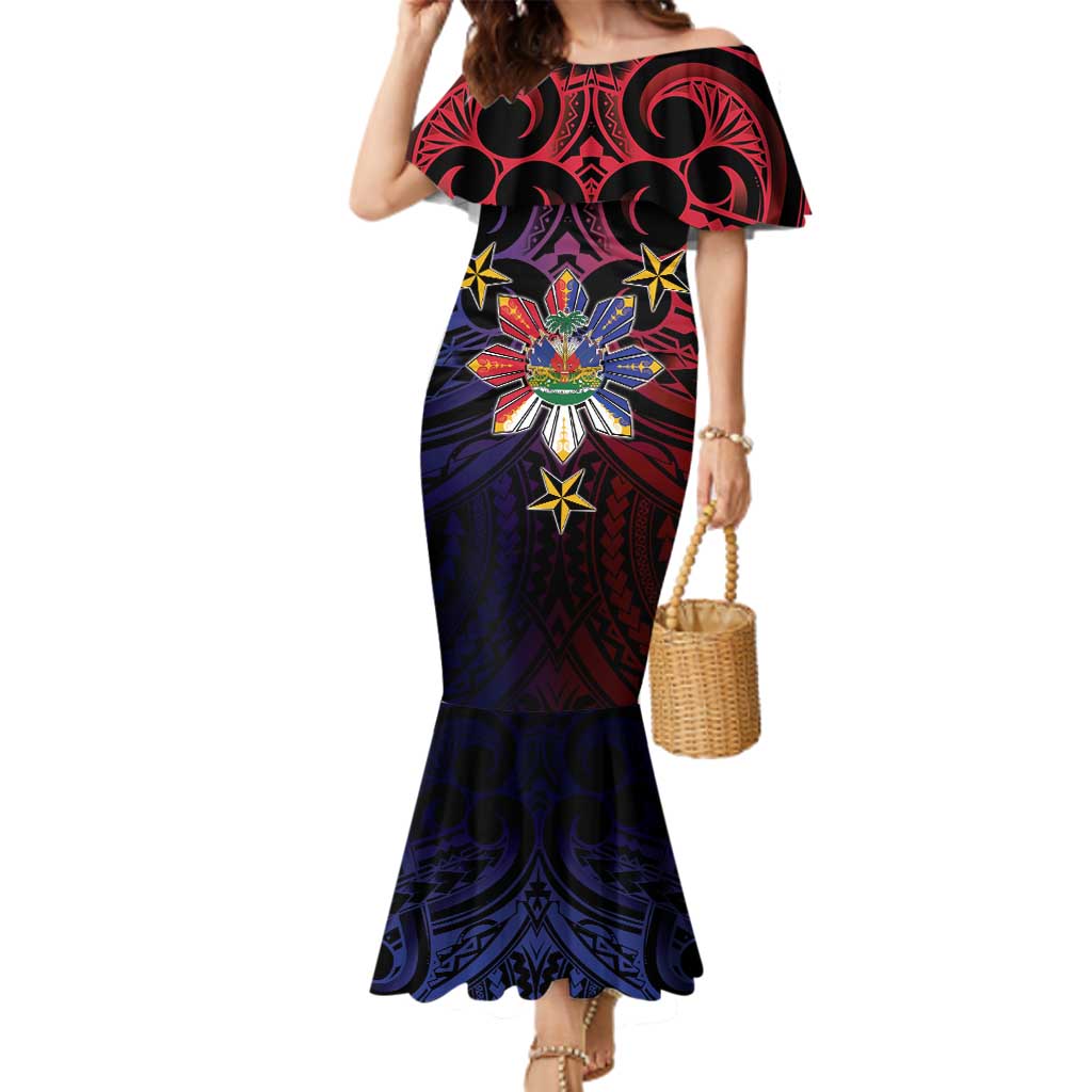Haiti Philippines Family Matching Mermaid Dress and Hawaiian Shirt Haitian Coat Of Arms With Filipino Sun LT05 Mom's Dress Black - Polynesian Pride
