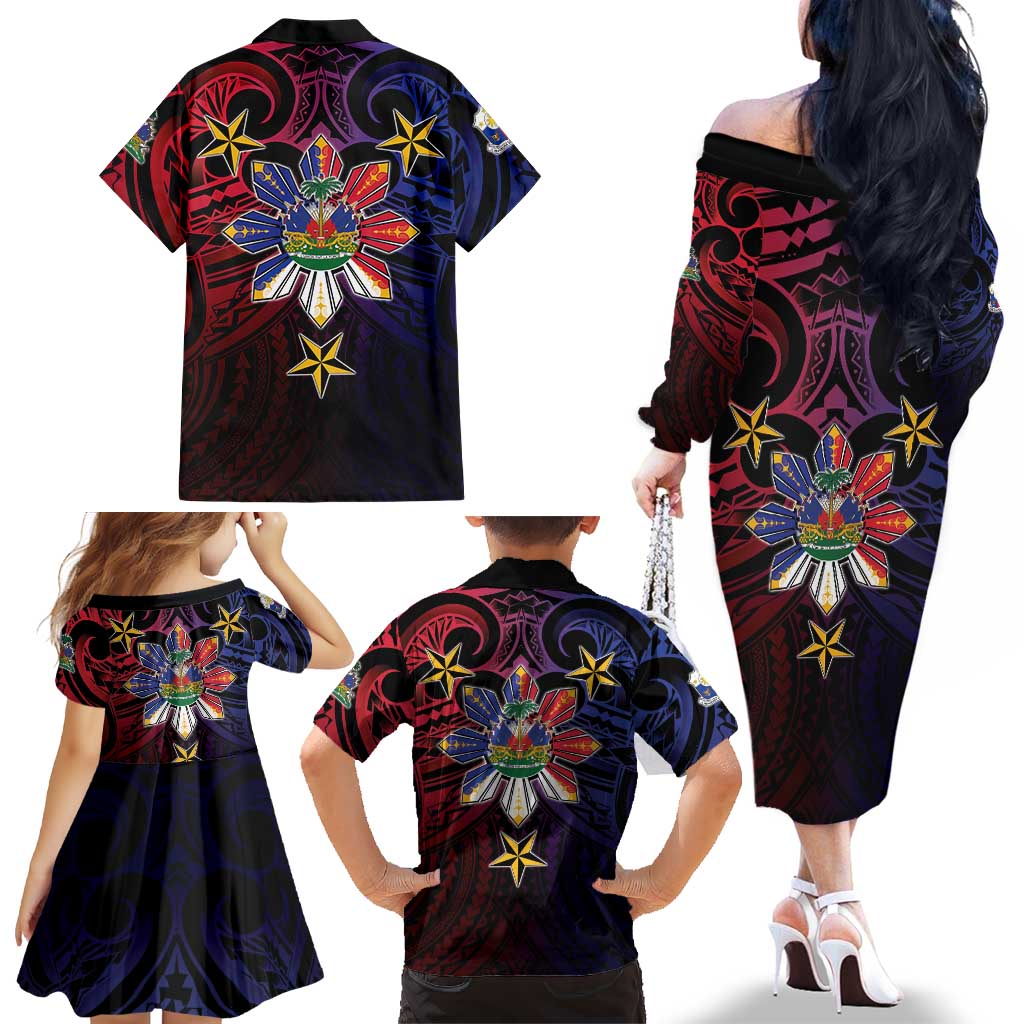 Haiti Philippines Family Matching Off The Shoulder Long Sleeve Dress and Hawaiian Shirt Haitian Coat Of Arms With Filipino Sun LT05 - Polynesian Pride
