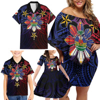 Haiti Philippines Family Matching Off Shoulder Short Dress and Hawaiian Shirt Haitian Coat Of Arms With Filipino Sun LT05 - Polynesian Pride