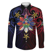 Haiti Philippines Family Matching Off Shoulder Short Dress and Hawaiian Shirt Haitian Coat Of Arms With Filipino Sun LT05 Dad's Shirt - Long Sleeve Black - Polynesian Pride