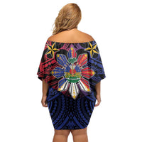 Haiti Philippines Family Matching Off Shoulder Short Dress and Hawaiian Shirt Haitian Coat Of Arms With Filipino Sun LT05 - Polynesian Pride