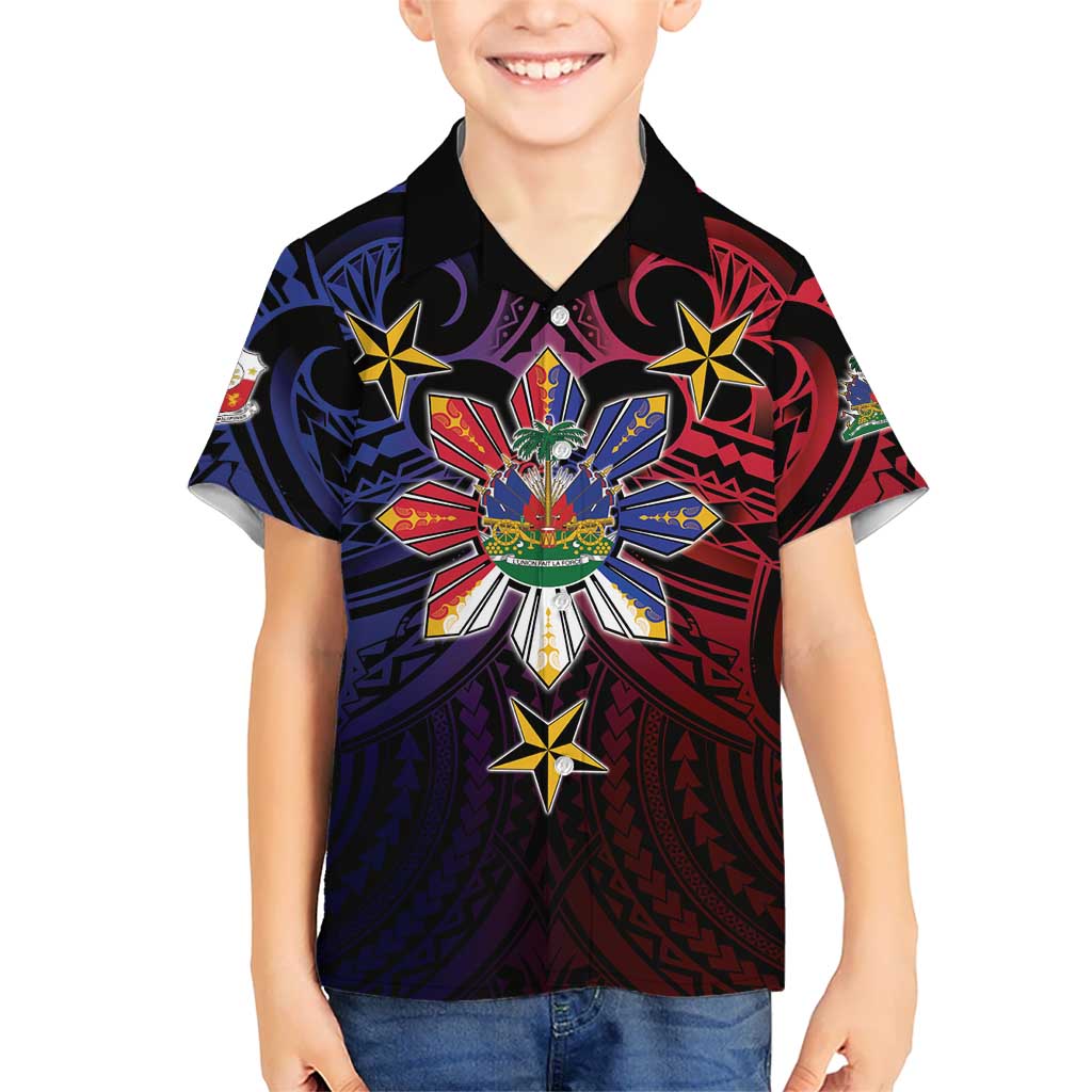 Haiti Philippines Family Matching Off Shoulder Short Dress and Hawaiian Shirt Haitian Coat Of Arms With Filipino Sun LT05 Son's Shirt Black - Polynesian Pride