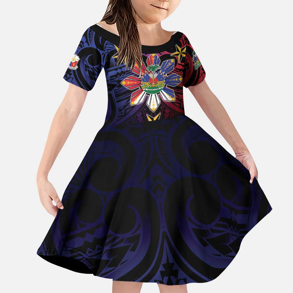 Haiti Philippines Family Matching Short Sleeve Bodycon Dress and Hawaiian Shirt Haitian Coat Of Arms With Filipino Sun LT05 Daughter's Dress Black - Polynesian Pride