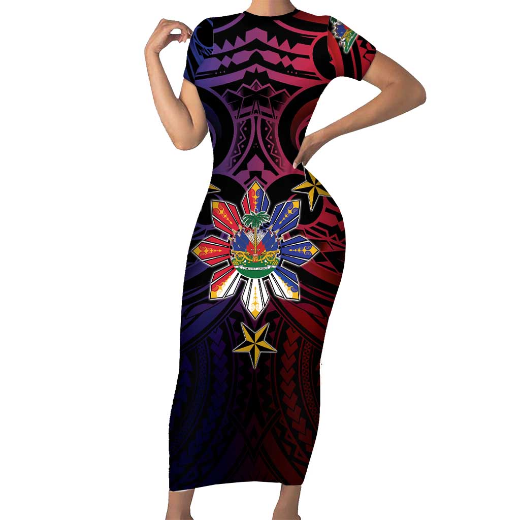 Haiti Philippines Family Matching Short Sleeve Bodycon Dress and Hawaiian Shirt Haitian Coat Of Arms With Filipino Sun LT05 Mom's Dress Black - Polynesian Pride