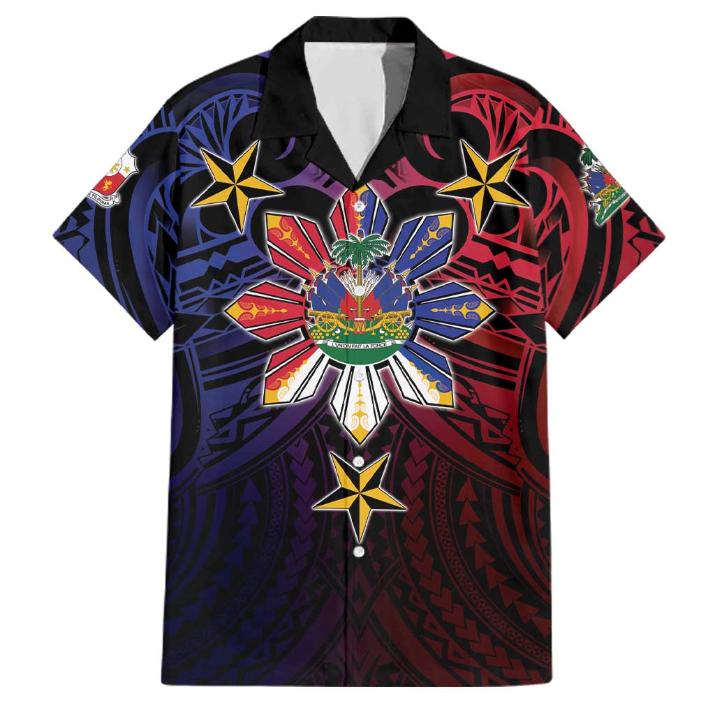 Haiti Philippines Family Matching Summer Maxi Dress and Hawaiian Shirt Haitian Coat Of Arms With Filipino Sun LT05 Dad's Shirt - Short Sleeve Black - Polynesian Pride