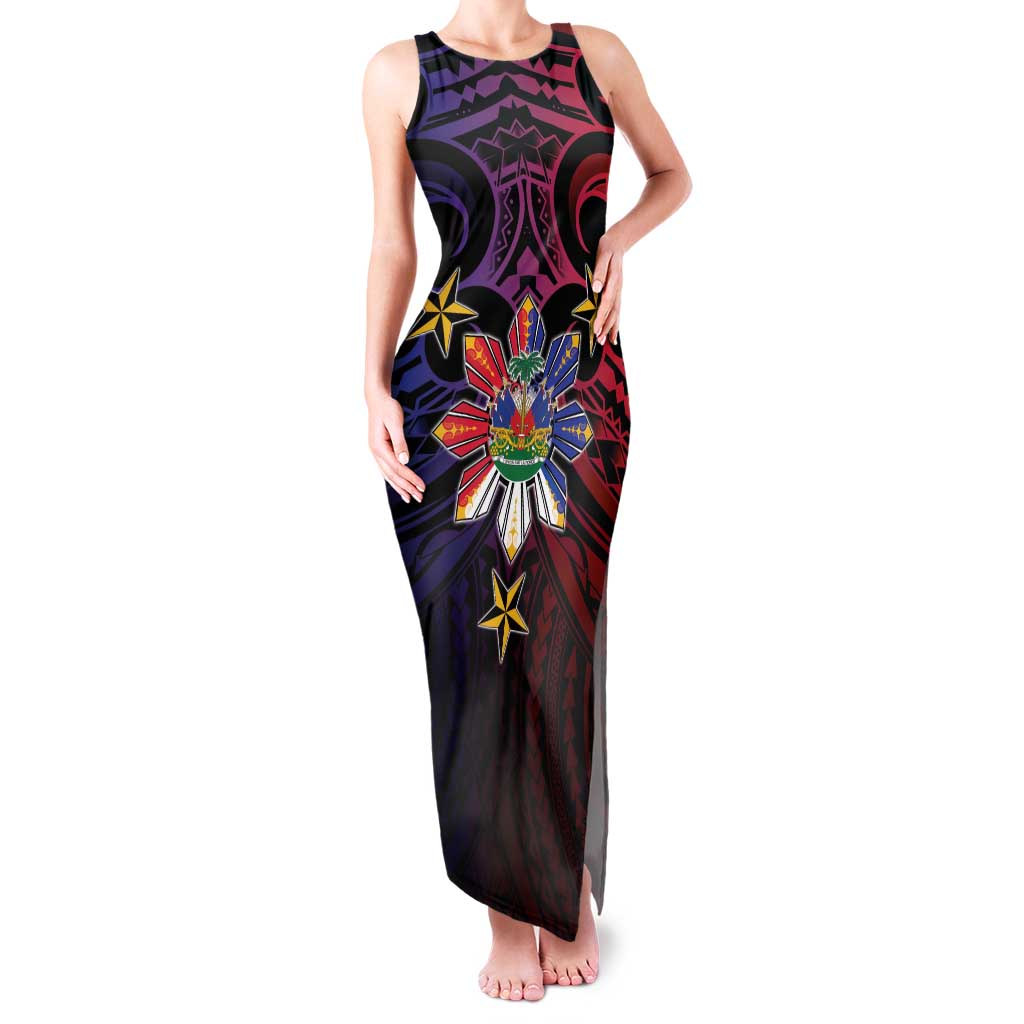 Haiti Philippines Family Matching Tank Maxi Dress and Hawaiian Shirt Haitian Coat Of Arms With Filipino Sun LT05 Mom's Dress Black - Polynesian Pride