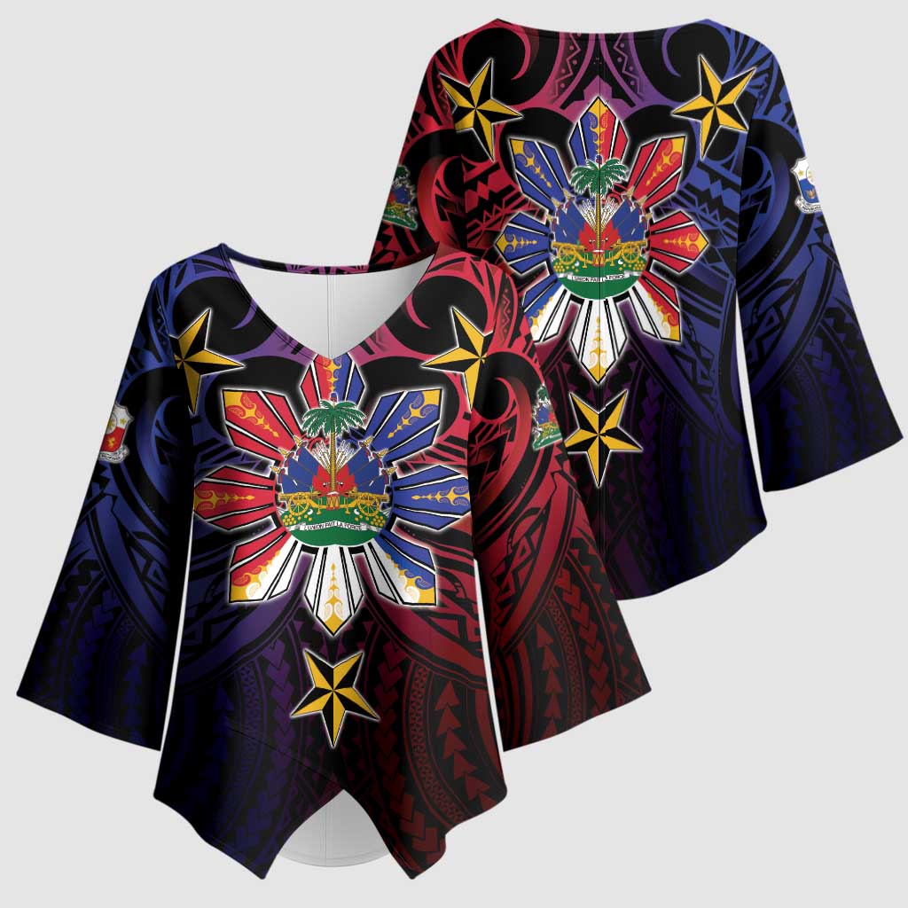 Haiti Philippines Kimono Sleeve Blouse Haitian Coat Of Arms With Filipino Sun