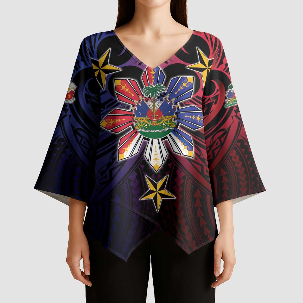 Haiti Philippines Kimono Sleeve Blouse Haitian Coat Of Arms With Filipino Sun