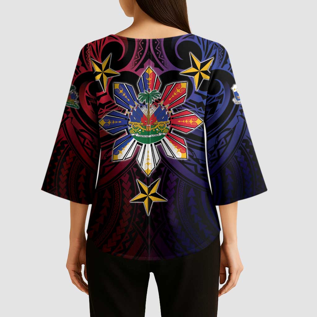 Haiti Philippines Kimono Sleeve Blouse Haitian Coat Of Arms With Filipino Sun