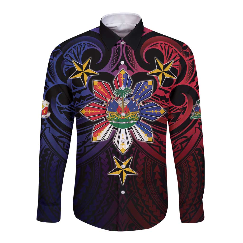 Haiti Philippines Long Sleeve Button Shirt Haitian Coat Of Arms With Filipino Sun