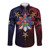 Haiti Philippines Long Sleeve Button Shirt Haitian Coat Of Arms With Filipino Sun