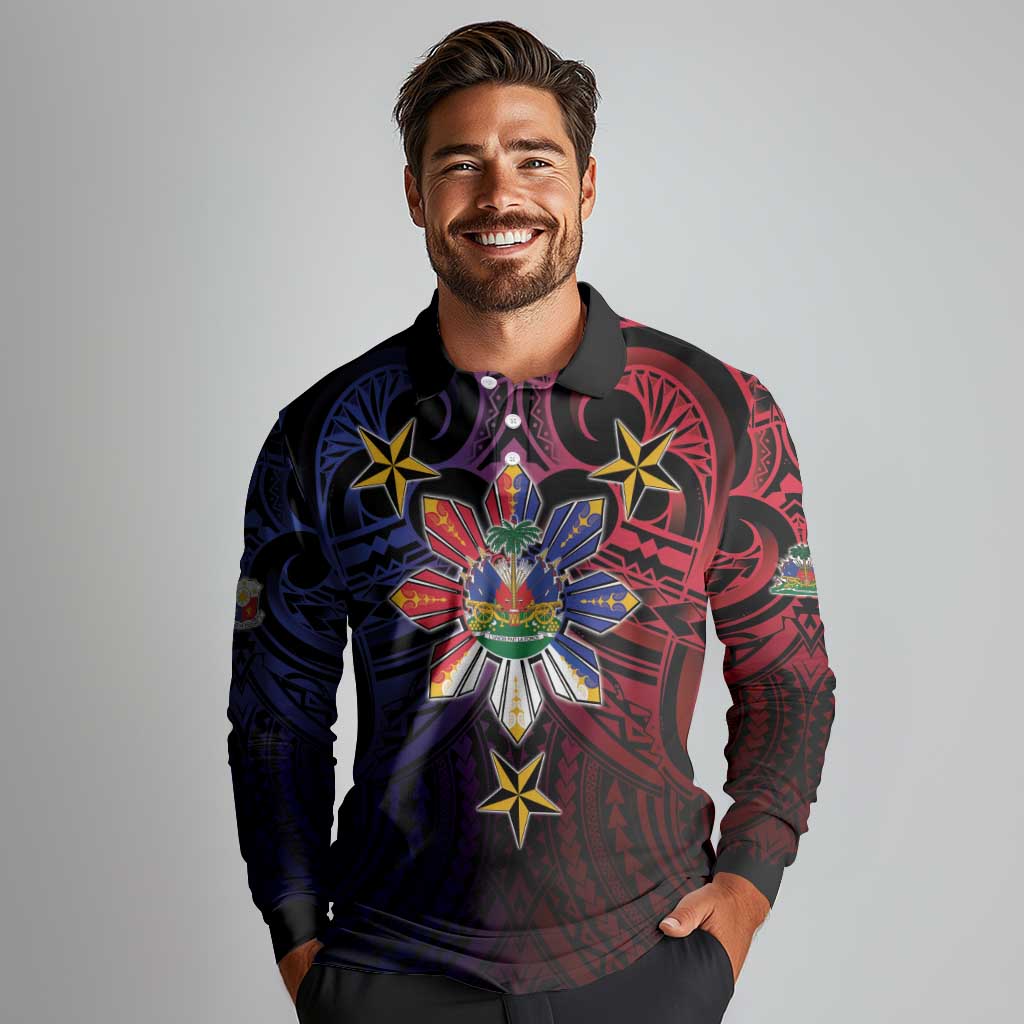 Haiti Philippines Long Sleeve Polo Shirt Haitian Coat Of Arms With Filipino Sun