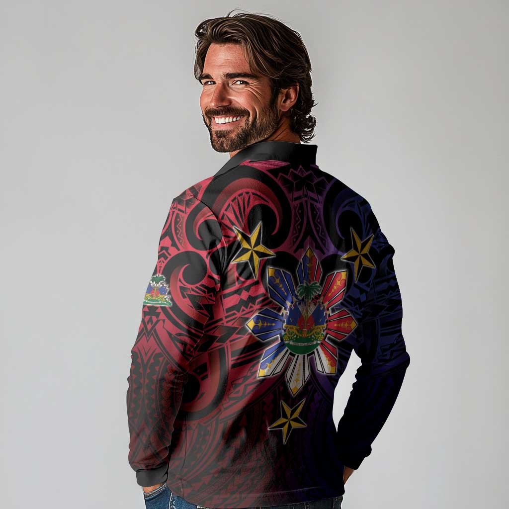 Haiti Philippines Long Sleeve Polo Shirt Haitian Coat Of Arms With Filipino Sun