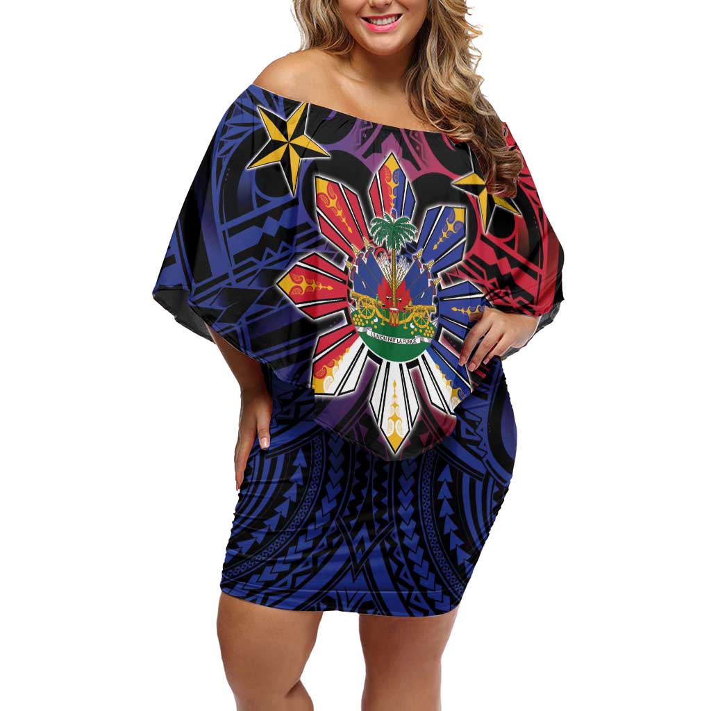 Haiti Philippines Off Shoulder Short Dress Haitian Coat Of Arms With Filipino Sun