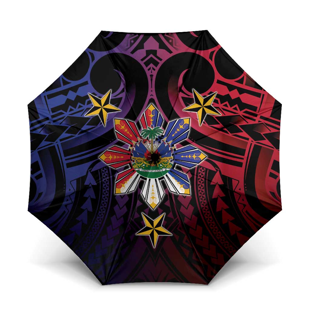 Haiti Philippines Umbrella Haitian Coat Of Arms With Filipino Sun LT05 One Size Folded 11.42 inch Opened Diameter 37.4 inch Black - Polynesian Pride