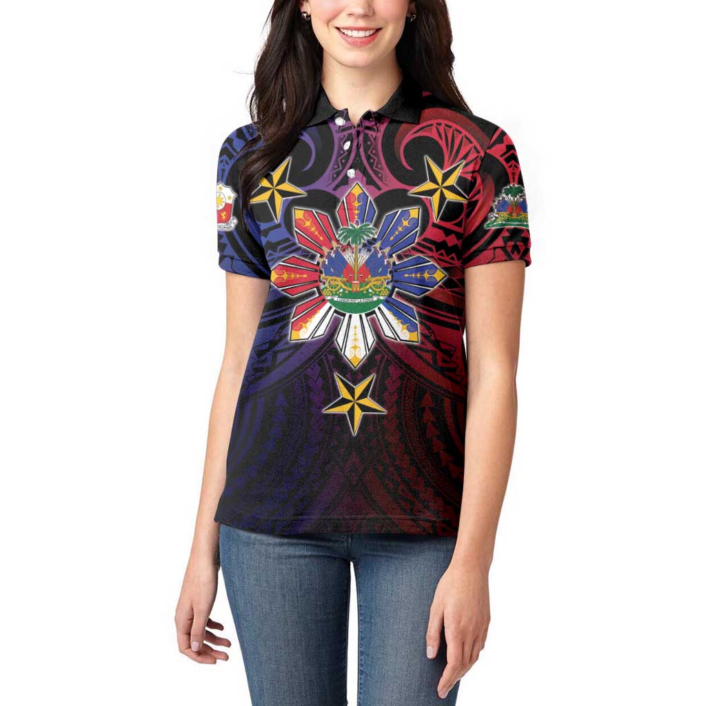 Haiti Philippines Women Polo Shirt Haitian Coat Of Arms With Filipino Sun LT05 - Polynesian Pride