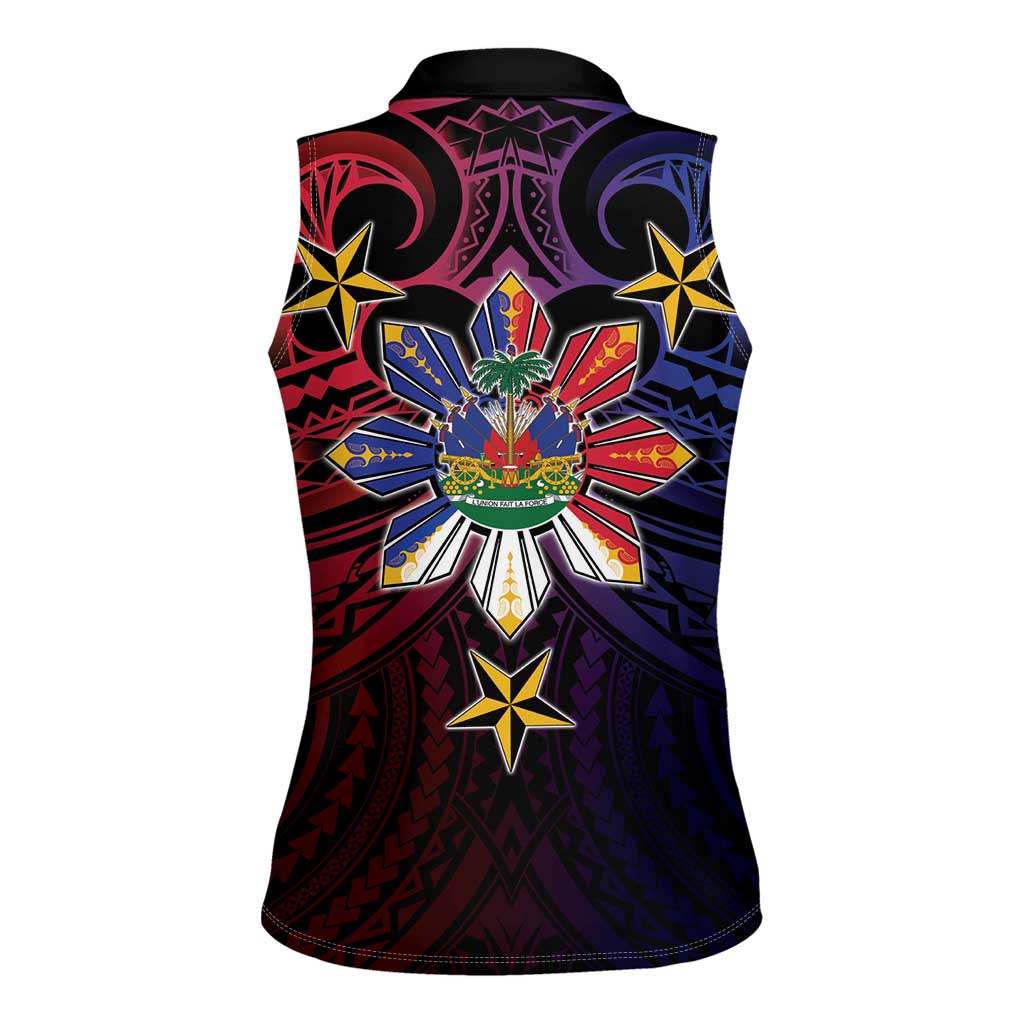 Haiti Philippines Women Sleeveless Polo Shirt Haitian Coat Of Arms With Filipino Sun LT05 - Polynesian Pride