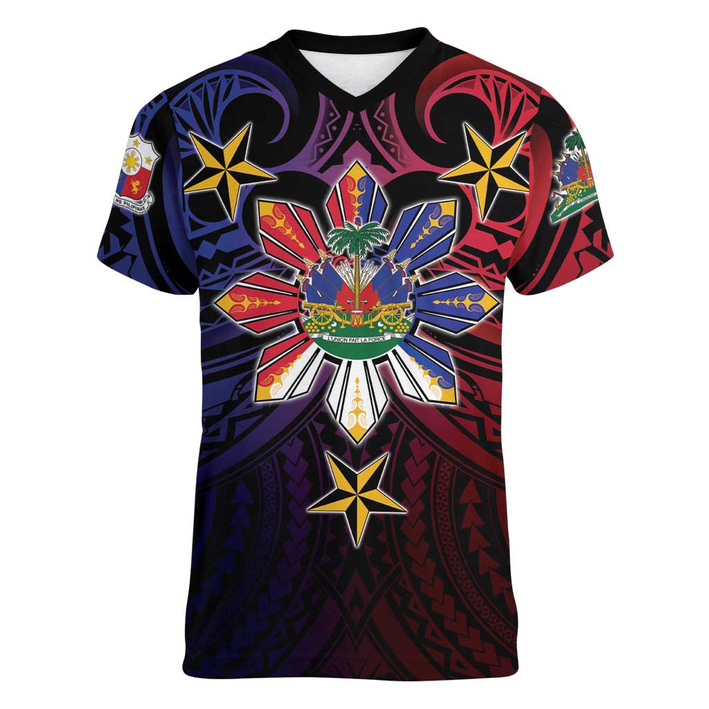 Haiti Philippines Women V-Neck T-Shirt Haitian Coat Of Arms With Filipino Sun LT05 Female Black - Polynesian Pride