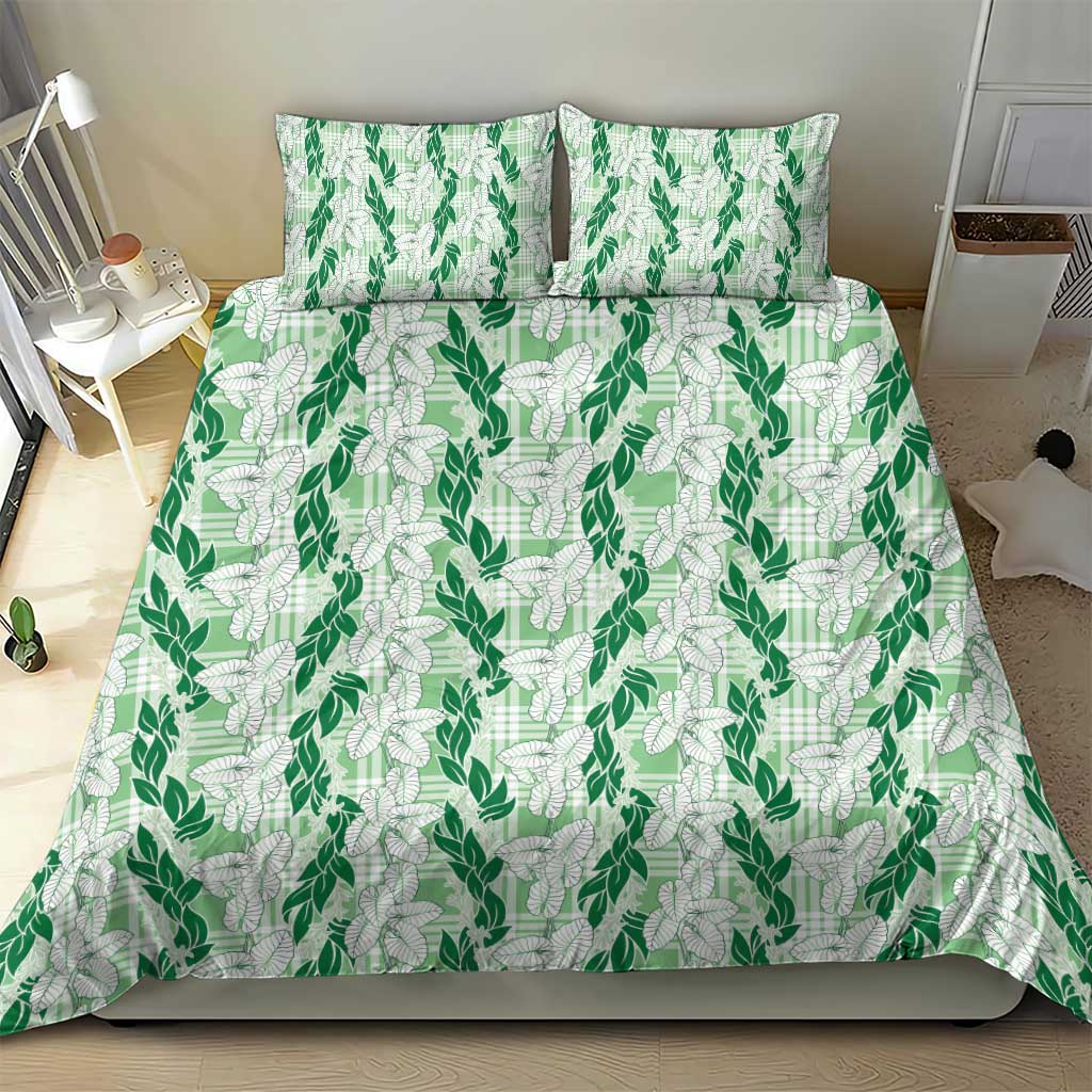 Hawaii Ti Leaf Maile Tuberose Lei Bedding Set With Hanalei Leaf Green