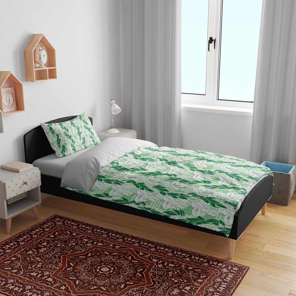 Hawaii Ti Leaf Maile Tuberose Lei Bedding Set With Hanalei Leaf Green