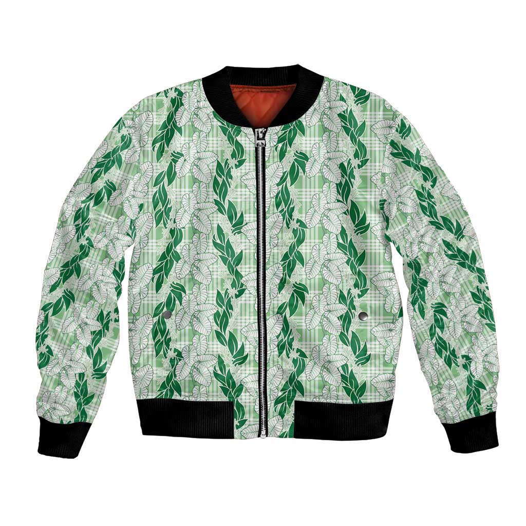 Hawaii Ti Leaf Maile Tuberose Lei Bomber Jacket With Hanalei Leaf Green