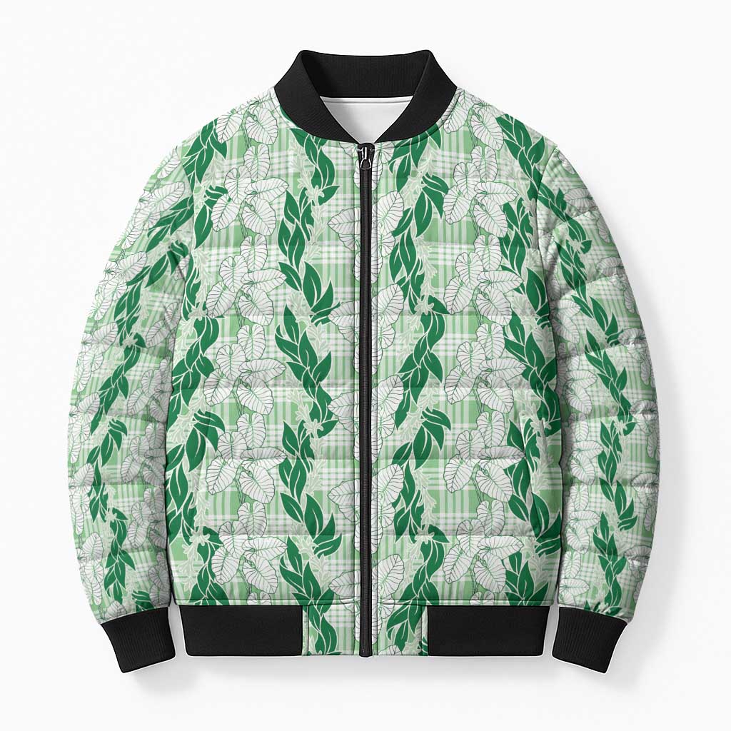 Hawaii Ti Leaf Maile Tuberose Lei Bomber Puffer Jacket With Hanalei Leaf Green