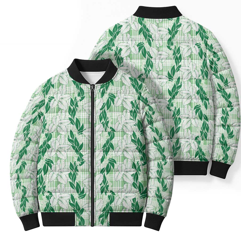 Hawaii Ti Leaf Maile Tuberose Lei Bomber Puffer Jacket With Hanalei Leaf Green