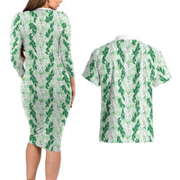 Hawaii Ti Leaf Maile Tuberose Lei Couples Matching Long Sleeve Bodycon Dress and Hawaiian Shirt With Hanalei Leaf Green