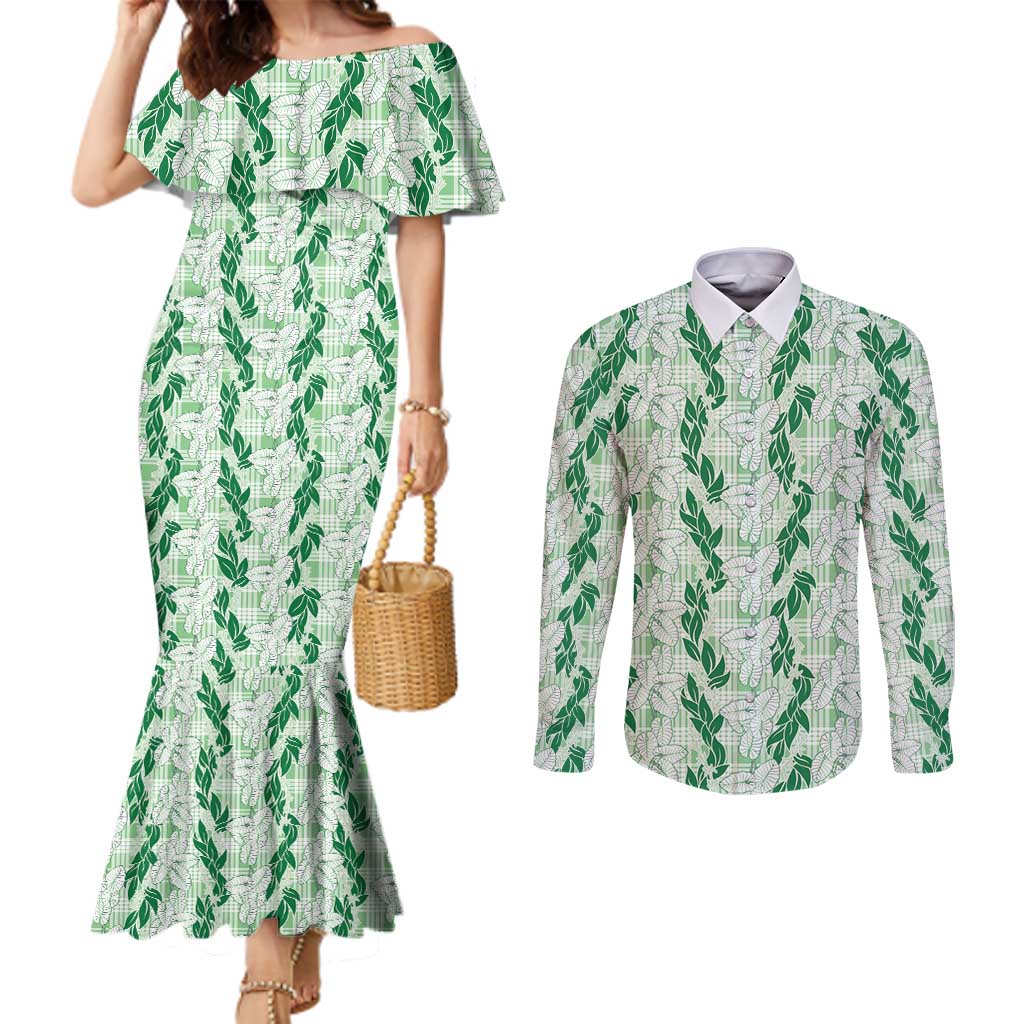 Hawaii Ti Leaf Maile Tuberose Lei Couples Matching Mermaid Dress and Long Sleeve Button Shirt With Hanalei Leaf Green
