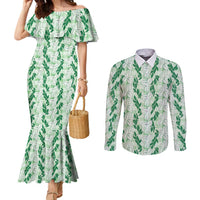 Hawaii Ti Leaf Maile Tuberose Lei Couples Matching Mermaid Dress and Long Sleeve Button Shirt With Hanalei Leaf Green