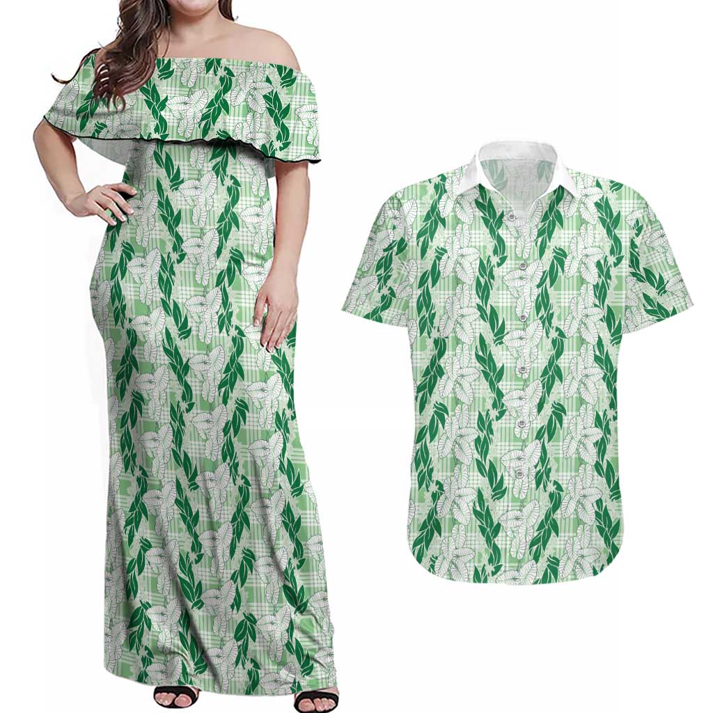 Hawaii Ti Leaf Maile Tuberose Lei Couples Matching Off Shoulder Maxi Dress and Hawaiian Shirt With Hanalei Leaf Green