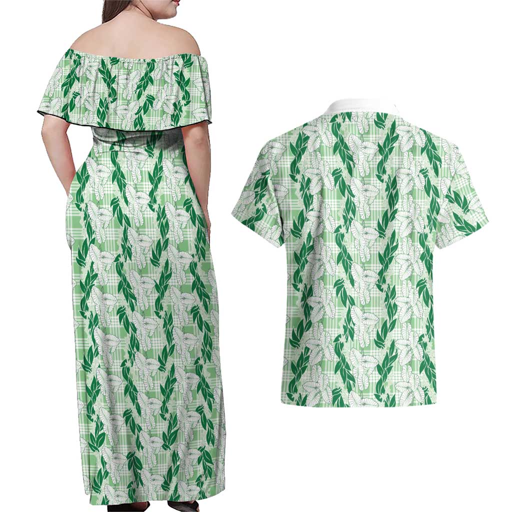 Hawaii Ti Leaf Maile Tuberose Lei Couples Matching Off Shoulder Maxi Dress and Hawaiian Shirt With Hanalei Leaf Green