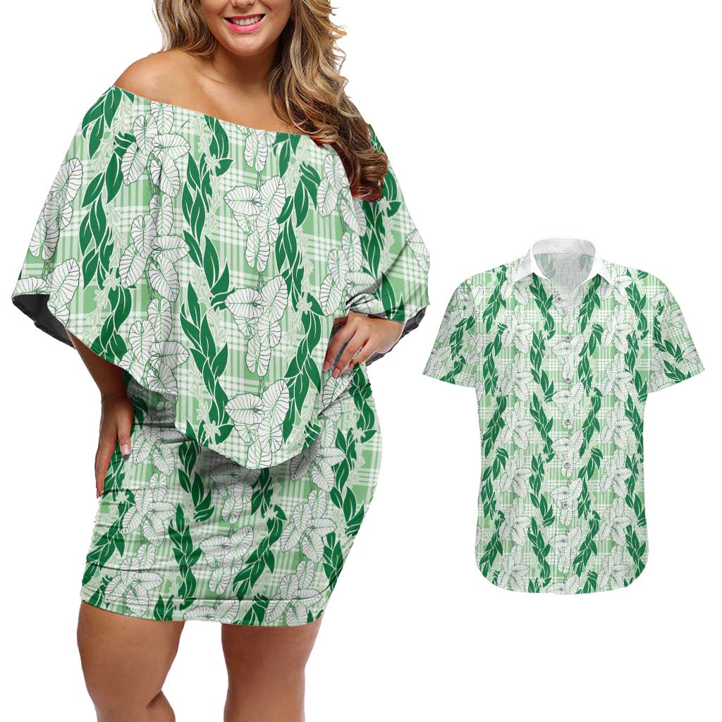 Hawaii Ti Leaf Maile Tuberose Lei Couples Matching Off Shoulder Short Dress and Hawaiian Shirt With Hanalei Leaf Green