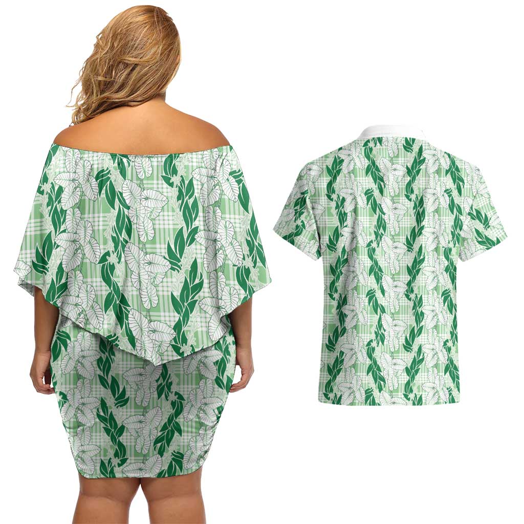 Hawaii Ti Leaf Maile Tuberose Lei Couples Matching Off Shoulder Short Dress and Hawaiian Shirt With Hanalei Leaf Green