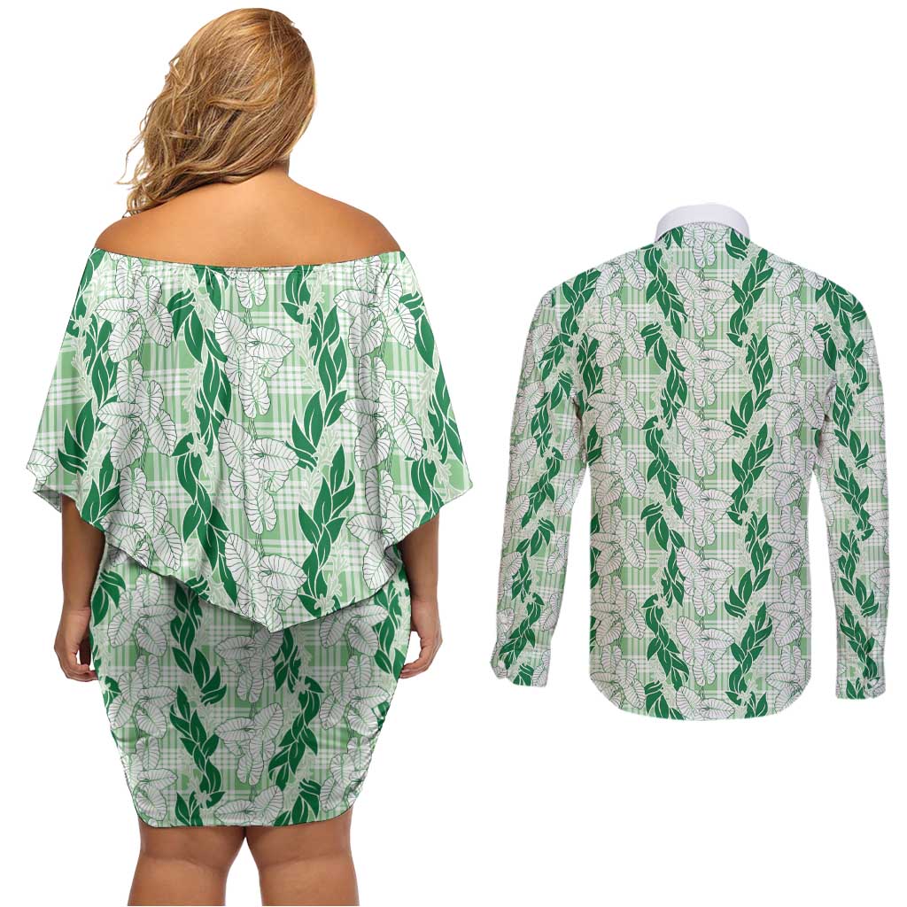 Hawaii Ti Leaf Maile Tuberose Lei Couples Matching Off Shoulder Short Dress and Long Sleeve Button Shirt With Hanalei Leaf Green