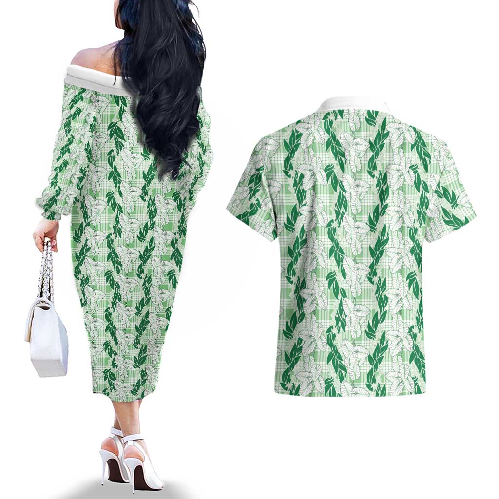 Hawaii Ti Leaf Maile Tuberose Lei Couples Matching Off The Shoulder Long Sleeve Dress and Hawaiian Shirt With Hanalei Leaf Green