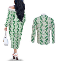 Hawaii Ti Leaf Maile Tuberose Lei Couples Matching Off The Shoulder Long Sleeve Dress and Long Sleeve Button Shirt With Hanalei Leaf Green