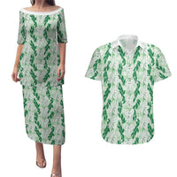 Hawaii Ti Leaf Maile Tuberose Lei Couples Matching Puletasi and Hawaiian Shirt With Hanalei Leaf Green