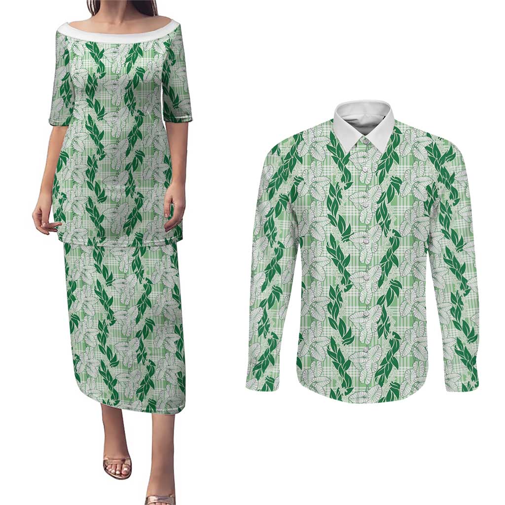 Hawaii Ti Leaf Maile Tuberose Lei Couples Matching Puletasi and Long Sleeve Button Shirt With Hanalei Leaf Green