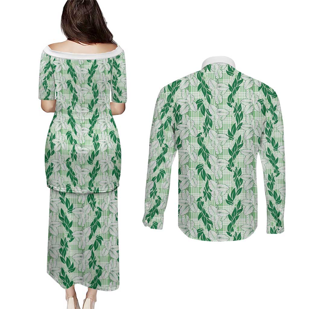 Hawaii Ti Leaf Maile Tuberose Lei Couples Matching Puletasi and Long Sleeve Button Shirt With Hanalei Leaf Green